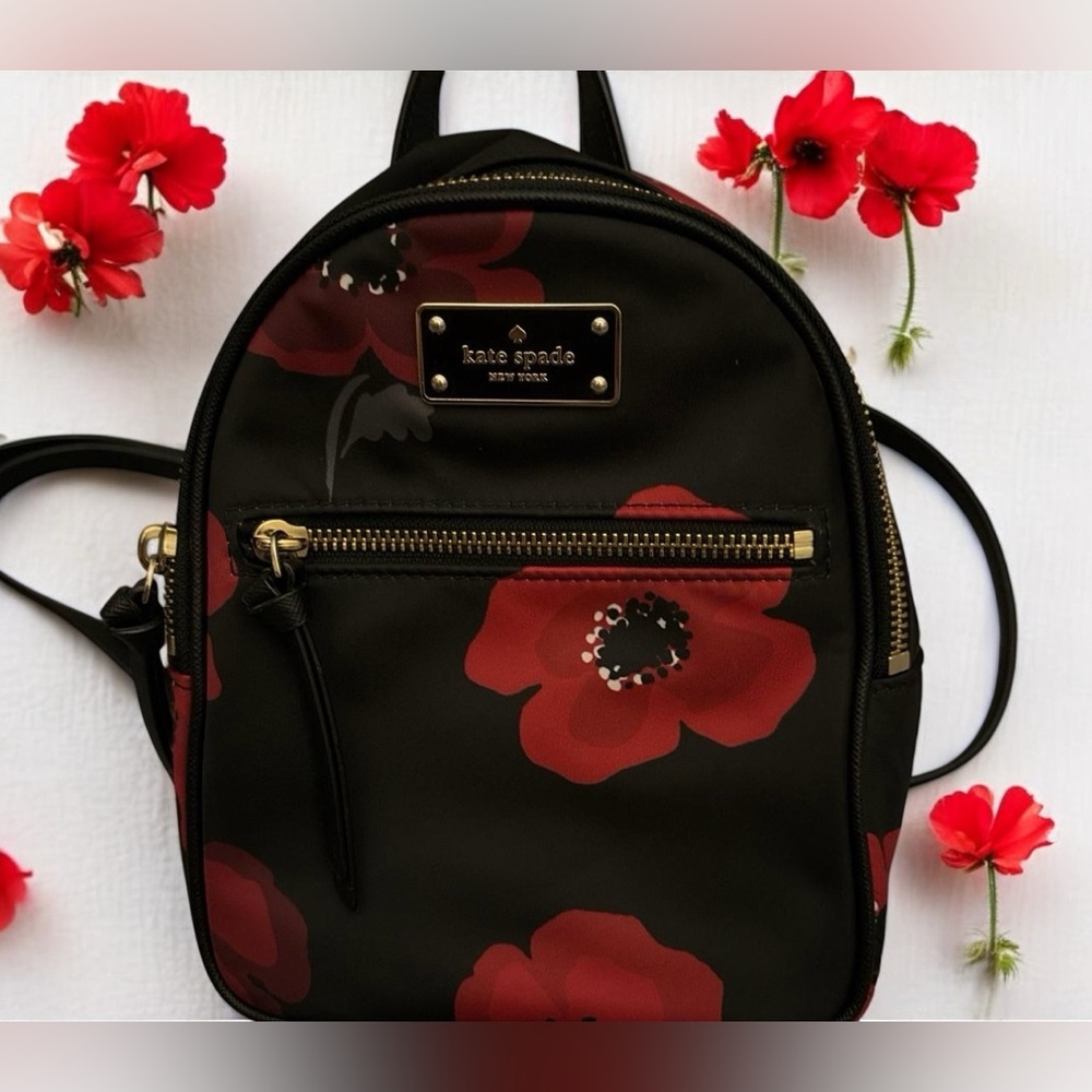 Kate Spade Black and Red Floral Backpack